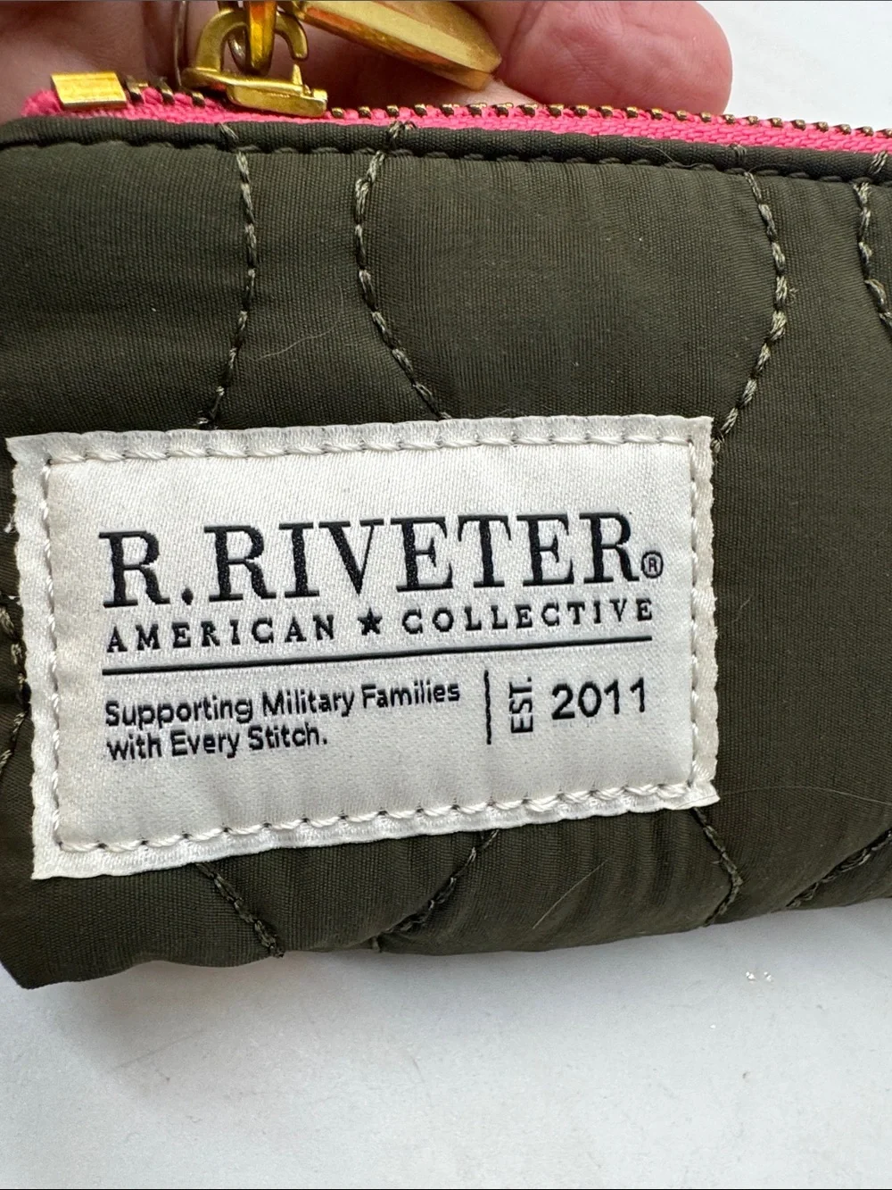 Olive Quilted Key Pouch with Pink Zipper